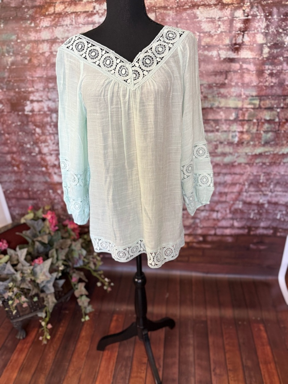 indigo soul Pale Mint Crochet-Trim Peasant Blouse